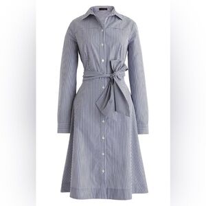 J. Crew Blue and White Striped Tie-Waist Long Sleeve Shirt Dress